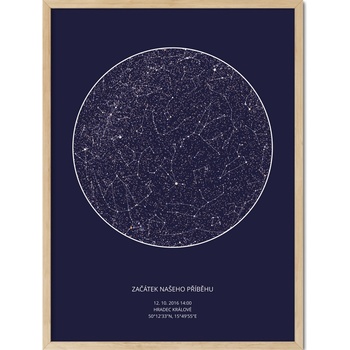 Hvězdná mapa vašeho životního okamžiku Rozměr plakátu: 40 x 50 cm, Barva pozadí: Ilustrovaná - bílá, Volba rámu: Bílý dřevěný rám