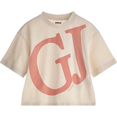 GUESS Къса тениска за момиче в бежово с големи контрастни букви Guess