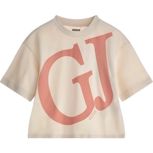 GUESS Къса тениска за момиче в бежово с големи контрастни букви Guess