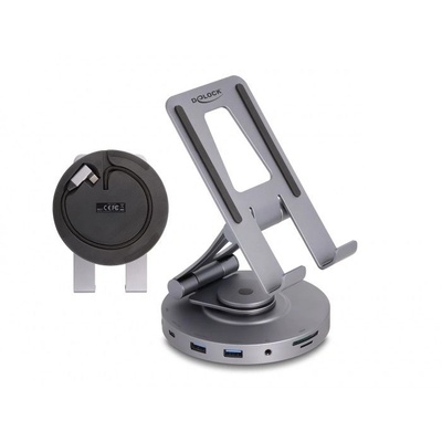 Delock Tablet és laptop dokkoló állomás 4K beépített tartóval - HDMI / USB / Hub / SD / Micro SD / PD 3.0 - 360 forgatható (88017) (88017) (88017)
