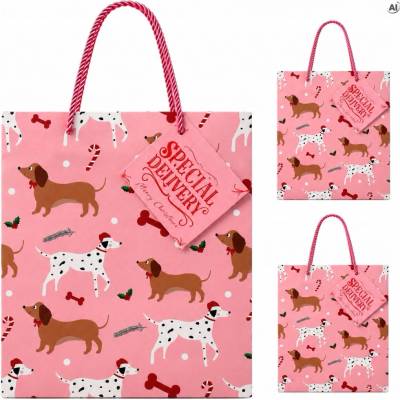 Allbag RUŽOVÁ VIANOČNÁ DARČEKOVÁ TAŠKA 20,3x10,3x23 cm PAPIEROVÁ TAŠKA SO PSÍKMI