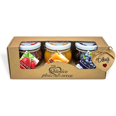 Sklenice plná ovoce Dárek s visačkou děkuji - 3 džemy slazených cukrem 630g jahoda meruňka borůvka