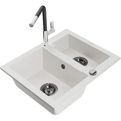 Mexen Carlos гранитна мивка с 1, 5 камери с кухненски смесител Flora, бял - 6518-20-670401-07-B (6518-20-670401-07-B)