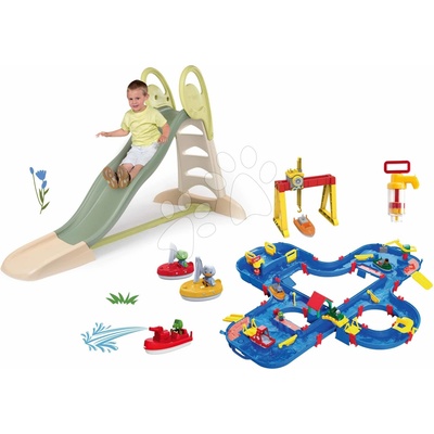 Smoby Set šmykľavka s dvojitou vlnou a vodná dráha v kufríku Toboggan XL Life dĺžka šmyku 230 cm a kontajnerový žeriav s loďkami