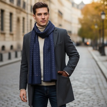 Мъжки кашмирен шал с две лица в тъмносиньо и сиво