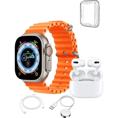 Комплект BeSmart X90 Ultra, 4 in 1, Смарт Часовник, Безжични слушалки, Силиконов протектор, Силиконова каишка, Оранжев