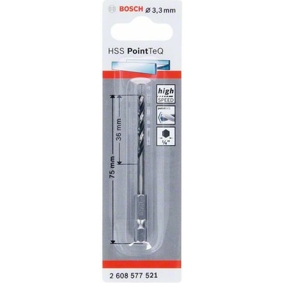 Свредло за метал BOSCH HSS PointTeQ HEX с 6-гранна опашка; 3, 3 мм 2608577521 (2608577521)