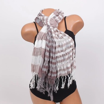 Image 1 of Дамски шал на райе в кафяво, бяло и сиво