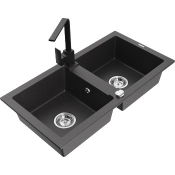 Mexen Mario гранитна кухненска мивка с 2 отделения и кухненски смесител Rita, черен на пръски - 6504-76-670300-70 (6504-76-670300-70)