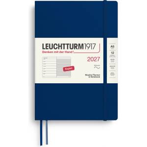 Leuchtturm1917 weekly calendar 2027 medium (A5) with notebook, lined - appointment planner English, navy, soft cover, 145 x 210 mm, January-December 2027, weekly overview on the left + note page on the right - 40024