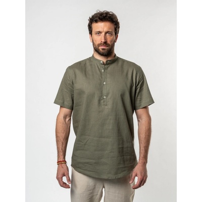TallGuys Pánské prodloužené lněné tričko Knoflíček Stone Olive