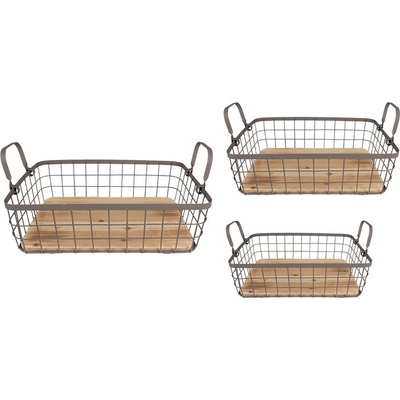 Clayre & Eef Set 3 ks hnědý drátěný košík s dřevěným dnem a uchy Vi 38 x 28 x 11 33 x 23 x 10 28 x 18 x 9 cm