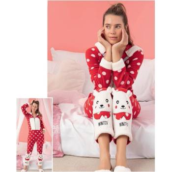 Пижама-гащеризон в червено на бели точки с мече