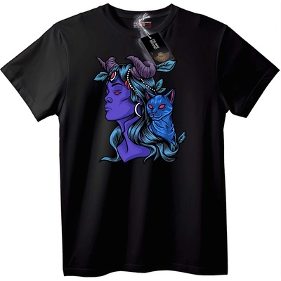NOONEBRAND Тениска Мистична котка и рогата фигура - L, Black