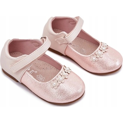 Dětské eko kožené balerínky na suchý zip s květinkami růžové