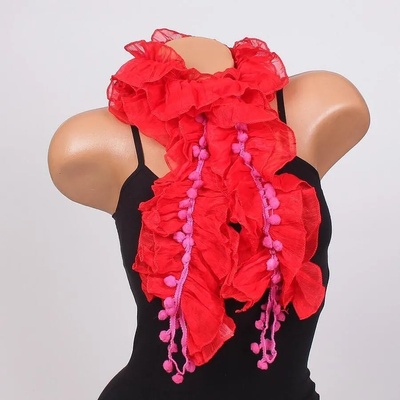 Дамски шал в ярко червено с лилави топчета