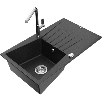 Mexen Cesar гранитна мивка с 1 корито и отцедник с кухненски смесител Flora, черен/сребрист металик - 6514-73-670401-00 (6514-73-670401-00)