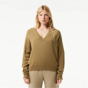 Lacoste Блуза Lacoste Relaxed Fit Carded Wool Moss Stitch Sweater - Brown