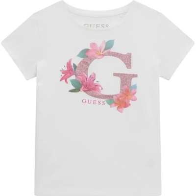 GUESS Бяла тениска за момиче с розово G с глитери и цветя Guess