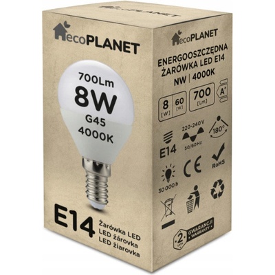 ecoPLANET LED žiarovka E14 G45 8W 700lm neutrálna biela