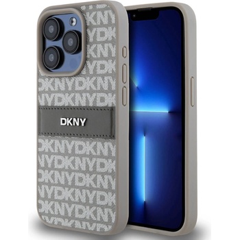 Image 1 of DKNY Repeat Pattern Tonal Stripe Leather Hard Case - дизайнерски кожен кейс за iPhone 14 Pro Max (бежов)