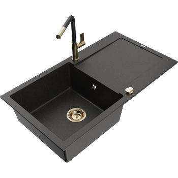 Mexen Leo гранитна мивка с 1 корито с преливник и кухненски смесител Flora, черен/златист металик - 6501-75-670401-57-G (6501-75-670401-57-G)