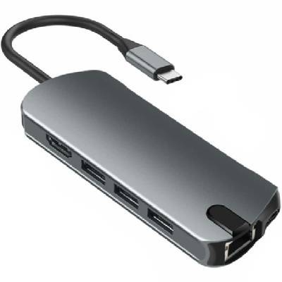 FX-1916 8-в-1 хъб - слот за SD / TF карта / RJ45 / HDMI / USB-C / 3x USB-A към USB-C - сив (87193)