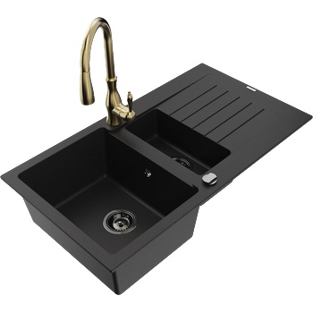 Mexen Matias гранитна мивка 1, 5-камерна с отцедник и кухненски смесител Savita, черен - 6502-77-672601-50-B (6502-77-672601-50-B)