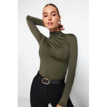 Trendyol Khaki Ruffle Detailed Stand Collar With Snap Snaps at the Bottom Flexible Knitted