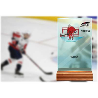 Skleněná trofej na dřevěném podstavci Hokej Výška: 17 cm