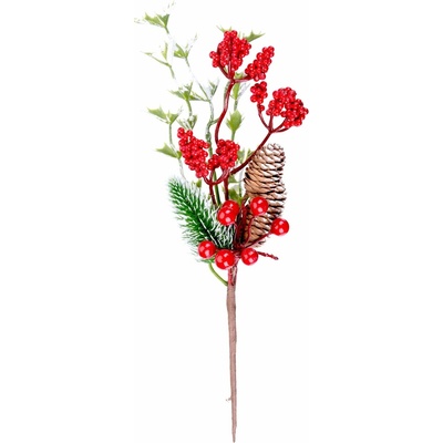 Vetvička MagicHome Vianoce, s bobuľkami a šiškami, červená, zasnežená, 27 cm