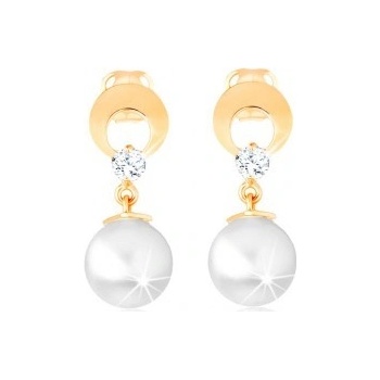 Šperky eshop zlaté náušnice kruh s výrezom a čírym diamantom visiaca biela perla BT502.18