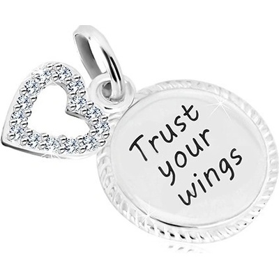 Šperky eshop Stříbrný 925 přívěsek kroužek s nápisem Trust your wings kontura srdce se zirkony AC05.31
