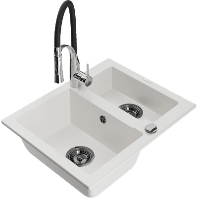 Mexen Carlos гранитна мивка 1, 5 камери с кухненски смесител Aster, бяла - 6518-20-73450-07-B (6518-20-73450-07-B)