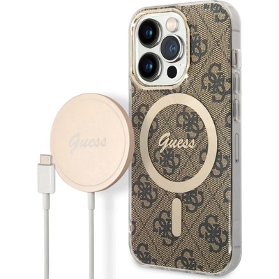 GUESS 4G Printed Stripe MagSafe Case With MagSafe Wireless Charger Set - комплект хибриден удароустойчив кейс с MagSafe и поставка (пад) за безжично зареждане за iPhone 14 Pro Max (кафяв)