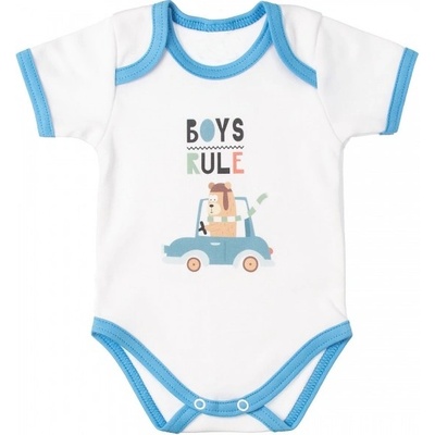 MBaby Bavlnené body s krátkym rukávom Méďa Boys Rule bielo modré