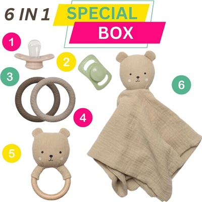 6в1Специална кутия - Утешителче, дрънкалка, 2бр. залъгалки и 2бр. гризалки (jb-s1024+trleta21)