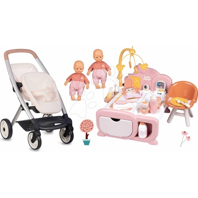 Smoby Set s dvojičkami bábikami v spálni Twin Pushchair Sandy Maxi Cosi&Quinny a domček s dennou a nočnou zónou