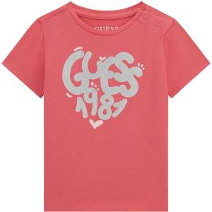 GUESS Коралова тениска за бебе момиче със сребрист надпис Guess