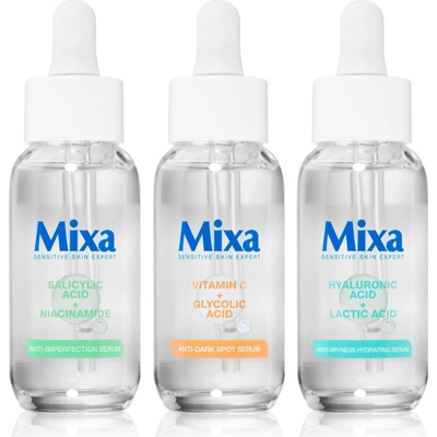MIXA Sensitive Skin MIXA Sensitive Skin Expert sérum pre problematickú pleť, akné 30 ml + MIXA Sensitive Skin Expert upokojujúce a hydratačné sérum 30 ml + MIXA Sensitive Skin Expert sérum proti pigme