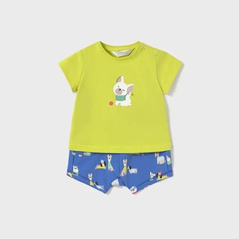Mayoral Комплект къс панталон в син цвят с кученца и жълта тениска с кученце за новородено момче Майорал