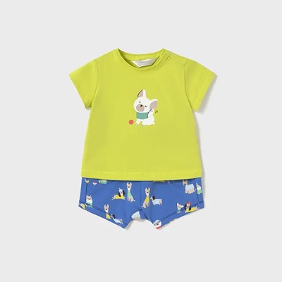 Mayoral Комплект къс панталон в син цвят с кученца и жълта тениска с кученце за новородено момче Майорал