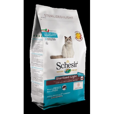 Schesir Sterilized & Light with Fish - Пълноценна суха храна за израснали котки, с риба, за кастрирани или с наднормено тегло, 10 кг