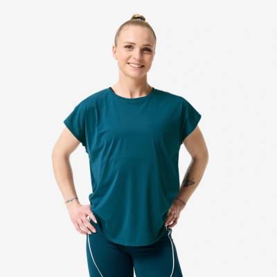 DOMYOS Dámske voľné fitness tričko modrozelené