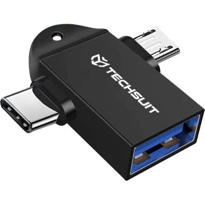 Techsuit - OTG адаптер TwoVoltX (A16) - 3в1, USB към Micro-USB + Type-C, Plug and Play, алуминиева сплав - черен