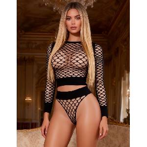 SuperLove Yolo Long Sleeve Fishnet Set 3534 Black L-XXL