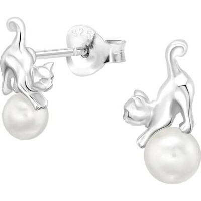 For Silver Stříbrné puzetové náušnice s perlou a kočkou – Stříbro 925