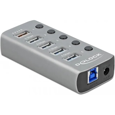 Delock USB хъб Delock 3.2 Gen 1, 4 x USB-A, 1 Fast Charging Port, 1 x USB-B, Подсветка, Сив (DELOCK-63262)