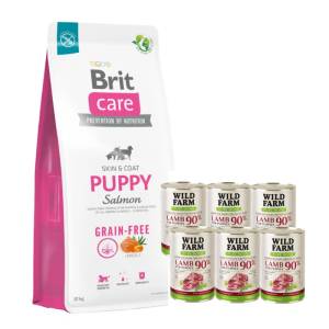 Brit CARE Кучешка храна без зърнени култури за кученца със сьомга 12кг + WILD FARM PURE MONO Lamb Puppy 6x400g