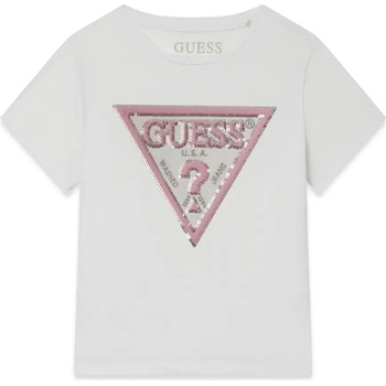 GUESS Бяла тениска за мини момиче с розово лого Guess с пайети